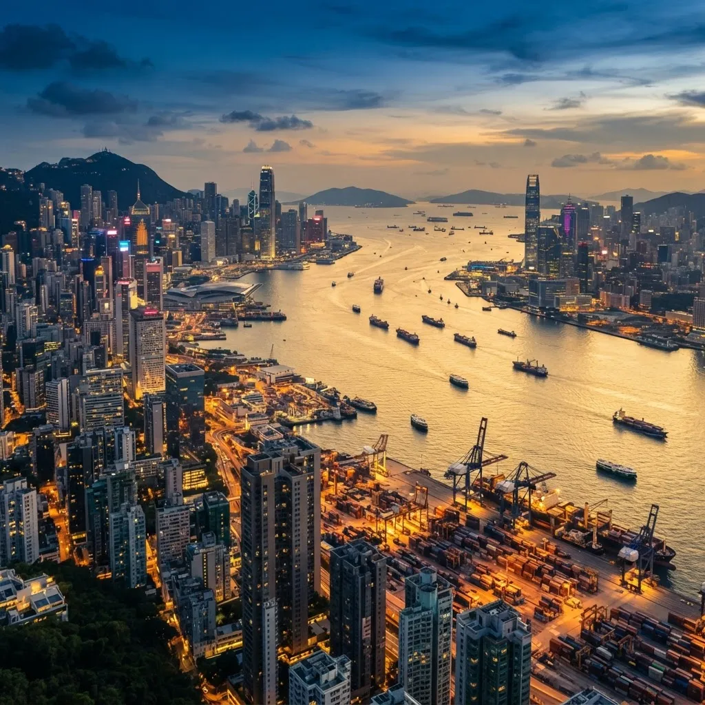Container terminal and cargo vessels at Hong Kong harbour at dusk